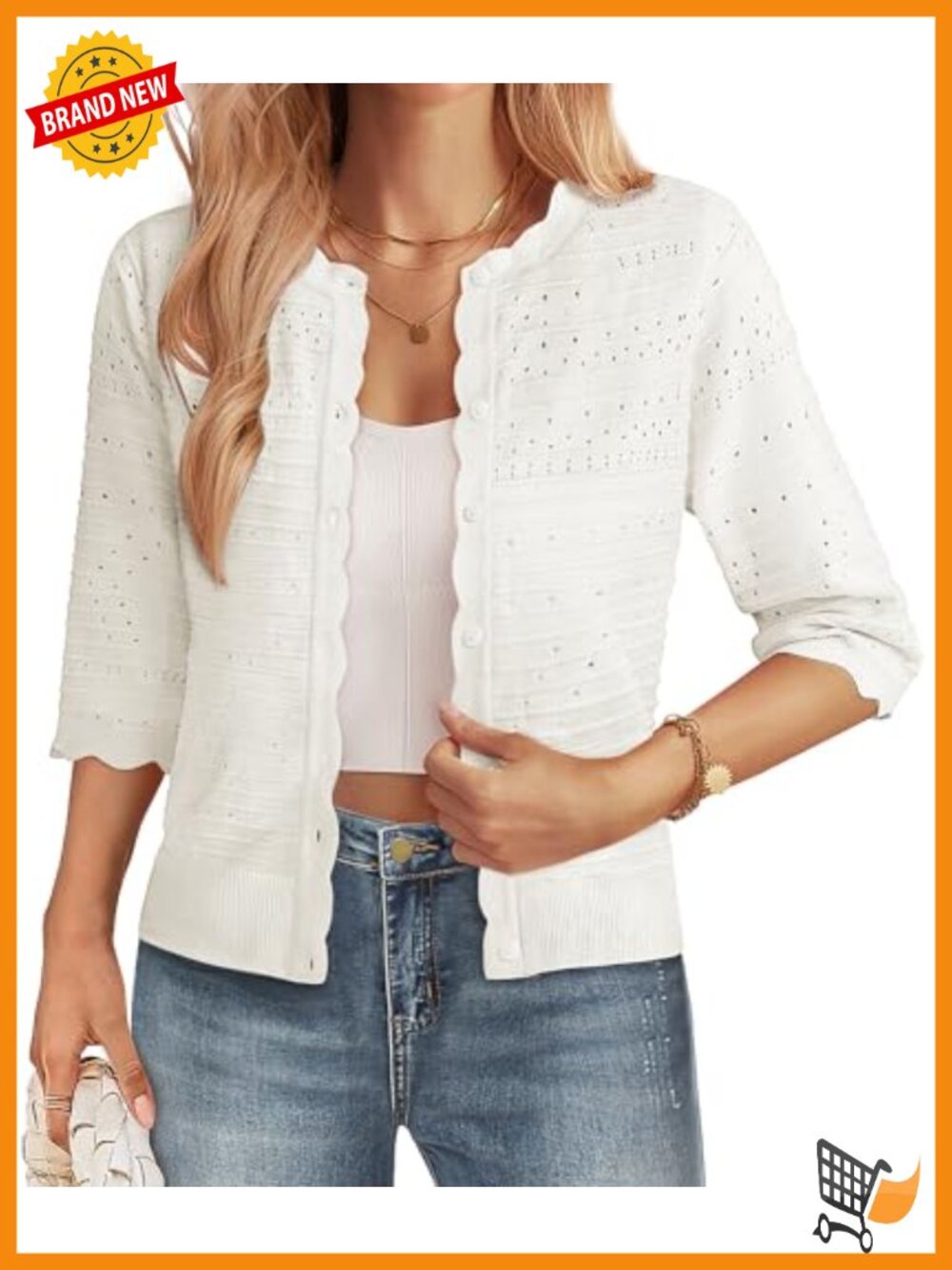 Womens 3/4 Sleeve Crochet Cardigan Lightweight Cropped Bolero Shrug